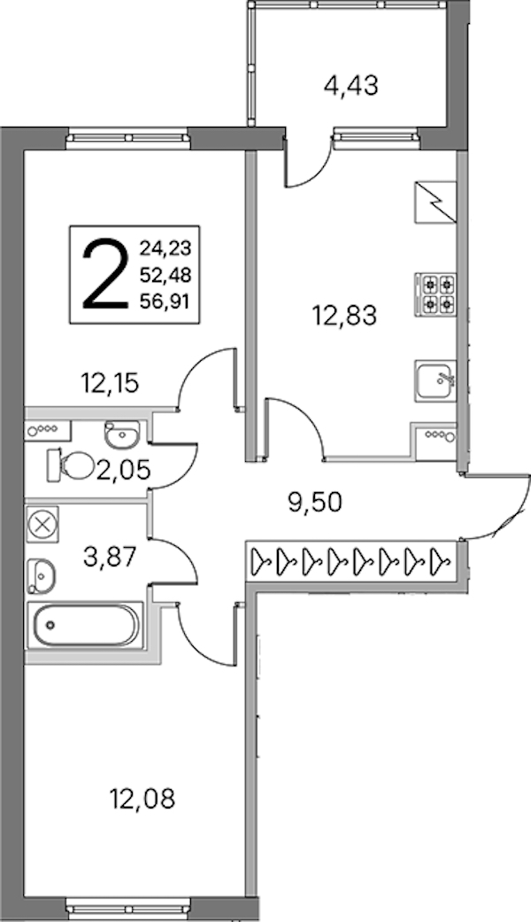 2-комнатная квартира 52.48 м², 1/5 эт., ЖК «ЮгТаун. Олимпийские кварталы»